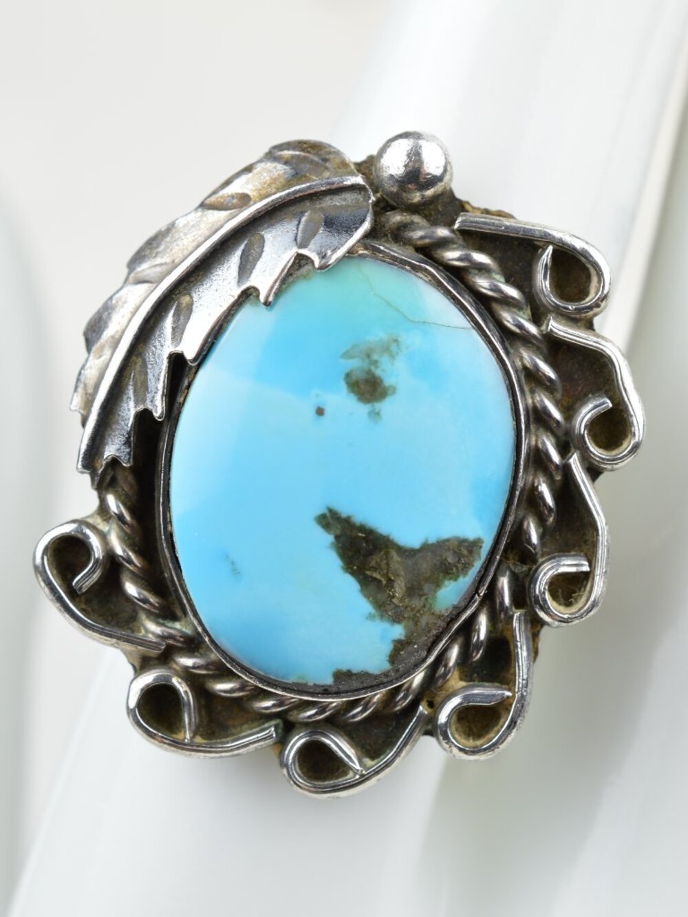 VTG Navajo Sterling Silver Turquoise Leaf Statement Ring 7.5